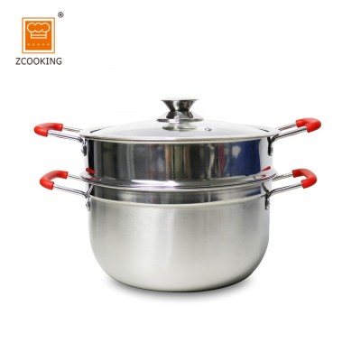 28CM Stainless Steel 2 Layers Cooking Pot With Red Color Plastic Handle