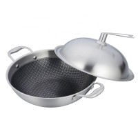 Metal round 38cm cooking wok pan with honeycomb bottom steel handle